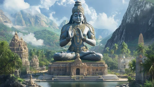 Serene mountain temple with majestic seated deity statue.