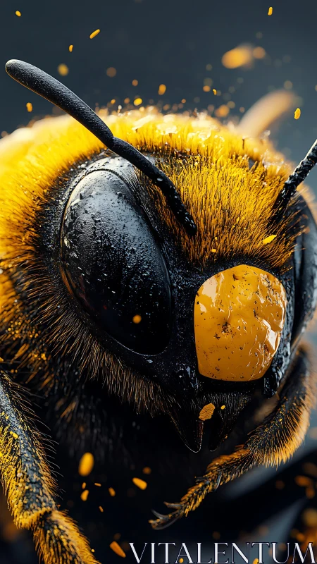 Photorealistic macro close-up of pollen-dusted bee head.