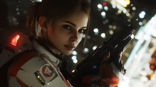 Tactical cyber-operator portrait with high-spec sidearm focus.