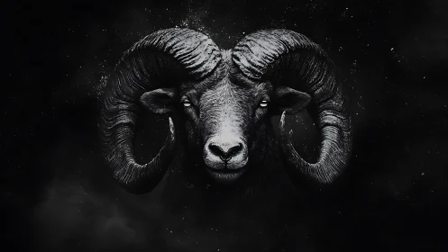Dark ram portrait emerges from shadow with intense gaze.