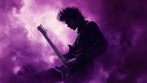 Digital painting silhouette of guitarist in violet atmospheric haze.