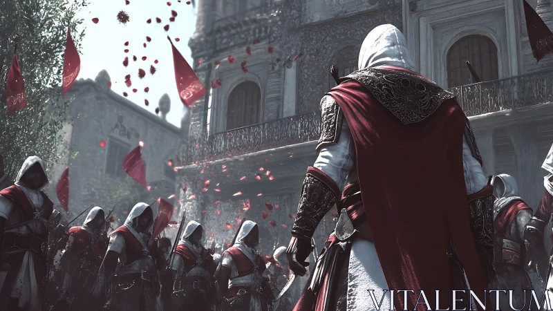 Cloaked warriors gather beneath scarlet banners in revolt
