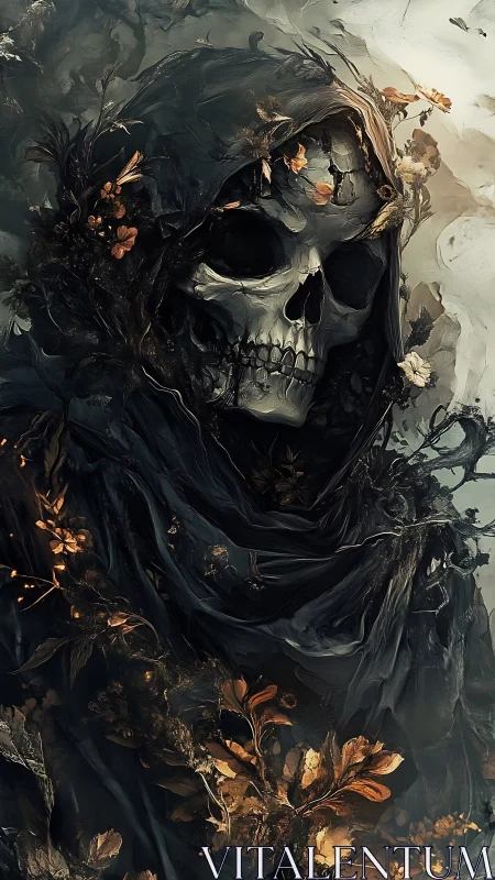 Grim reaper skull merges with blooming autumn flora.
