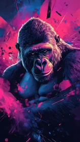 Gorilla portrait in neon magenta and blue digital palette.