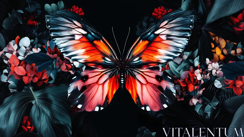 Nocturnal emberwing butterfly amid neon jungle bloom.