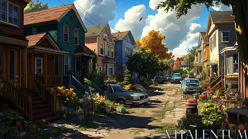 Colorful neighborhood street with cars and overgrown yards.
