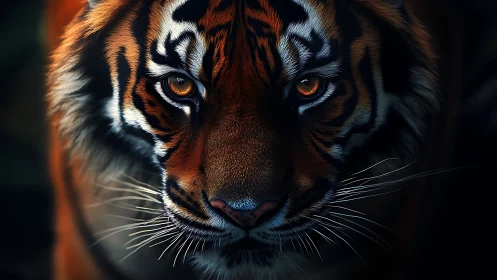 Ember-eyed tiger in calm twilight shadowed close-up.