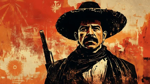 Stoic gunslinger stands tall against fiery orange backdrop.