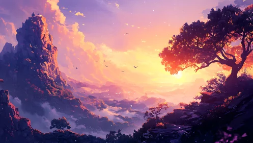 Vibrant mountain valley sunset with glowing clouds and tree