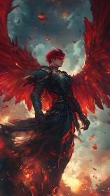 Fiery winged warrior rises through stormlit embers sky.