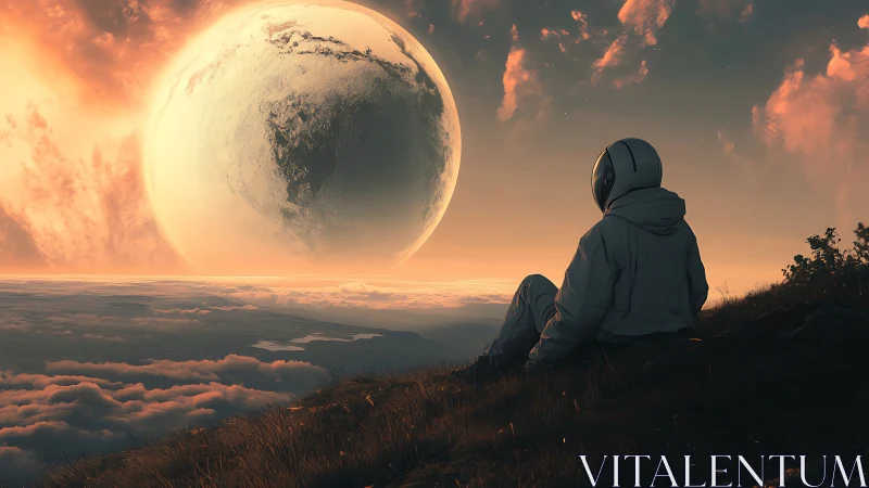 Solitary astronaut contemplates colossal planet at sunset.