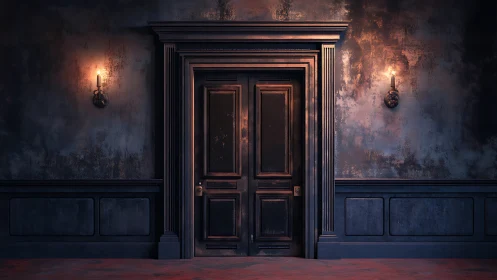 Candlelit forgotten doorway waits in a moody, timeworn hall.