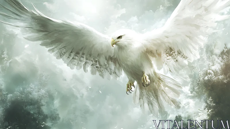 Majestic White Eagle Soaring Over Misty Forest in Fantasy Art Style.