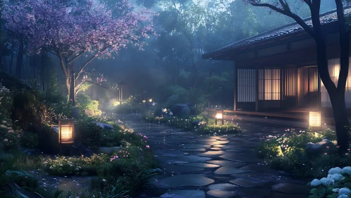 Moonlit Japanese garden path beside shoji-lit teahouse.