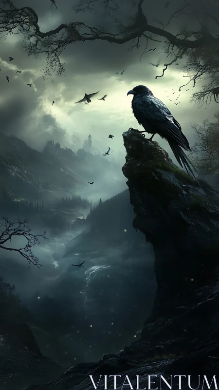 Raven overlooks misty mountain valley under stormy sky