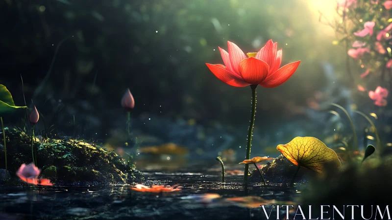 Luminous red lotus rising through misted forest pond light.