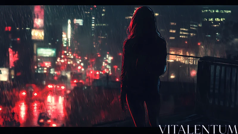 Solitary night walk above a rain-soaked neon city glow.