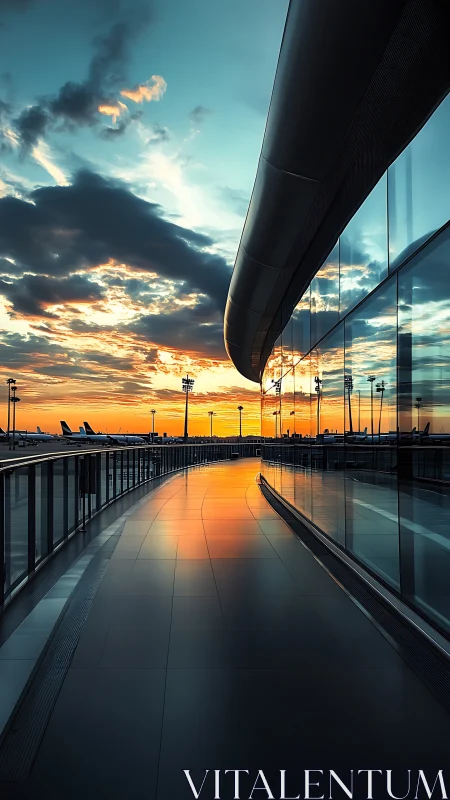 Curved airport terminal walkway reflects high contrast sunset sky
