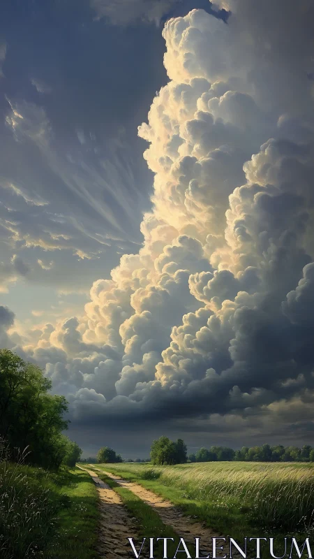 Country lane beneath towering daydream stormclouds.