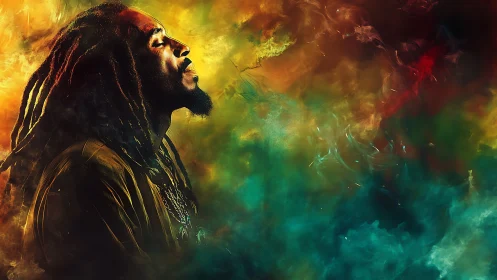 Dreadlocked dreamer inhaling nebula colored soundwaves.