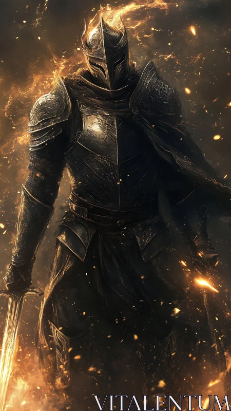 Blazing armored knight strides through swirling embers