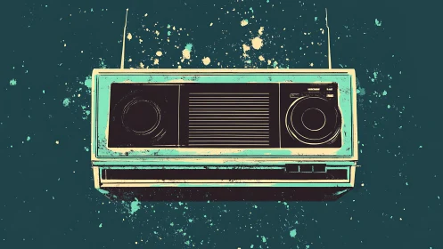 Retro teal radio suspended in splattered pop backdrop.