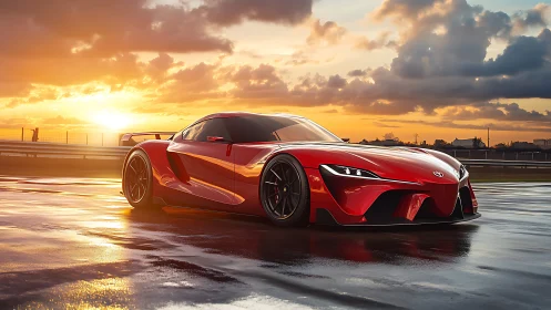 Low-slung red supercar on wet racetrack at vivid sunset.