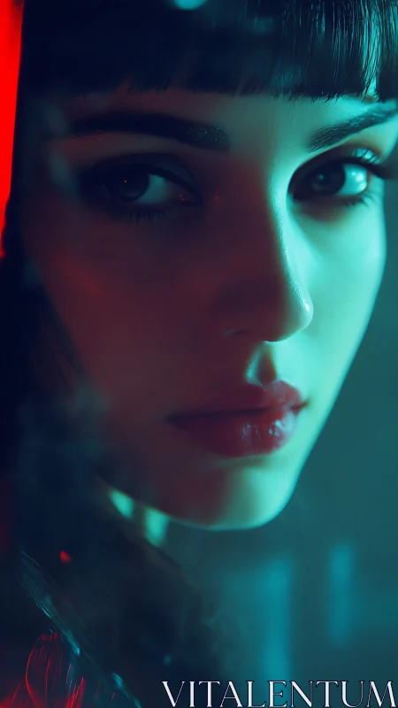 Close female portrait under teal and red neon lighting