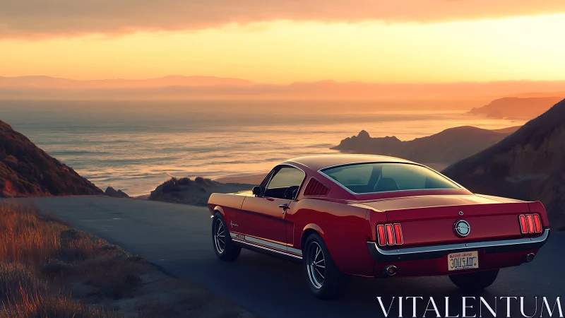 Classic red Mustang cruising into a golden coastal sunset.