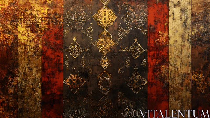 Ornate Abstract Pattern on Rusty Gold and Red Textured Background.