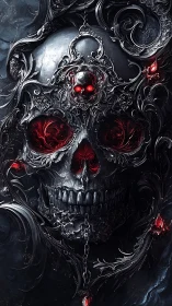 Baroque metallic skull with red luminous cores and filigree inlays