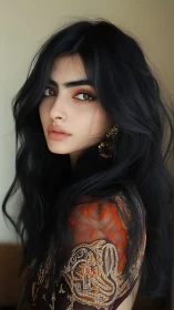 Profile view of woman in embroidered garment portrait.