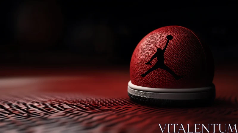 Macro closeup of red textured basketball with silhouette logo