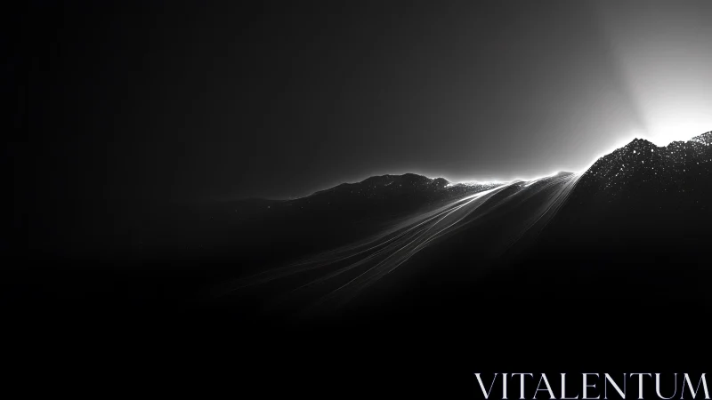 Monochrome light trails rise over abstract mountain horizon