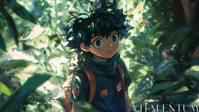 Forest-lit anime boy with backpack in lush green foliage.
