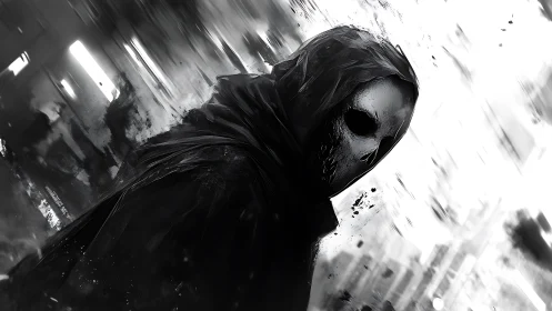 Mysterious hooded figure drifting through a storm of shadows.
