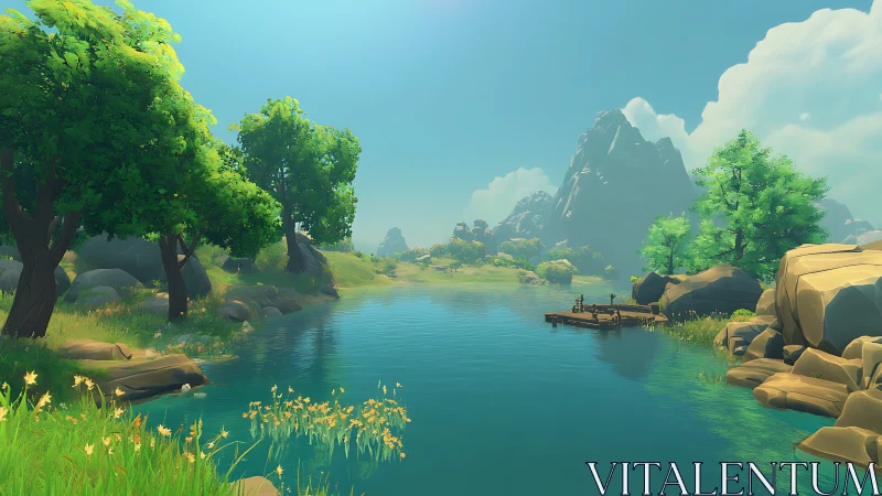 Idyllic River Valley Landscape with Mountain Peak.