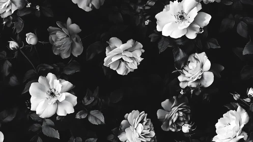 Black and White Floral Composition with Layered Rose and Peony Forms