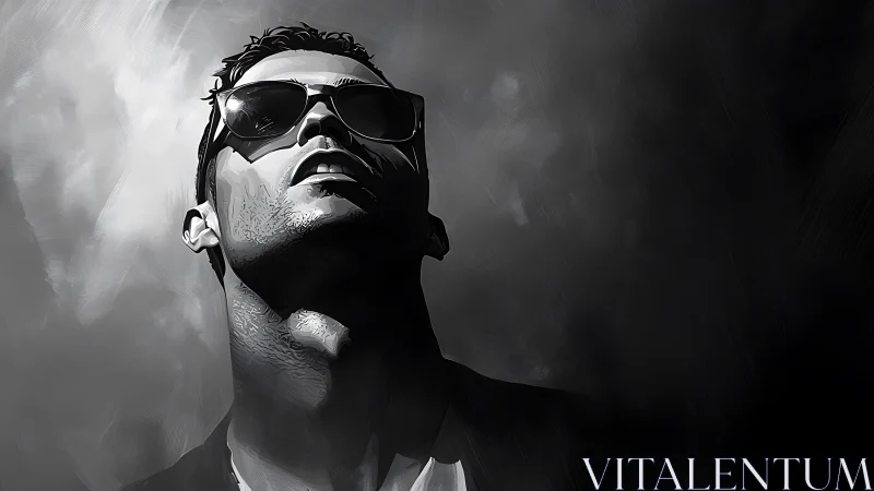 Shadowlit cool seeker gazes upward through grayscale haze.