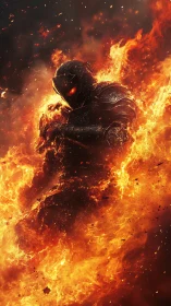Fiery armored warrior strides forward through swirling flames