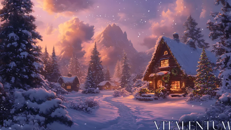 Snowy mountain cabins with warm Christmas lights at dusk.