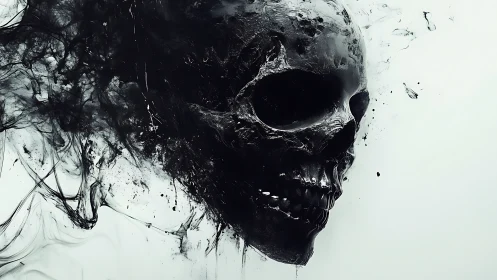 Liquid black skull dissolves into abstract ink turbulence