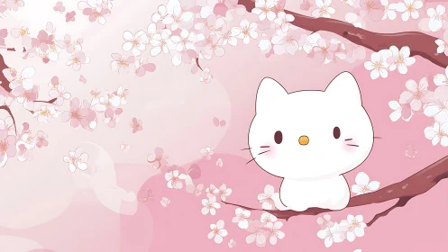 White cartoon cat sits on cherry blossom branch in spring
