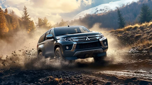 Off-road SUV powers through muddy mountain trail at dusk