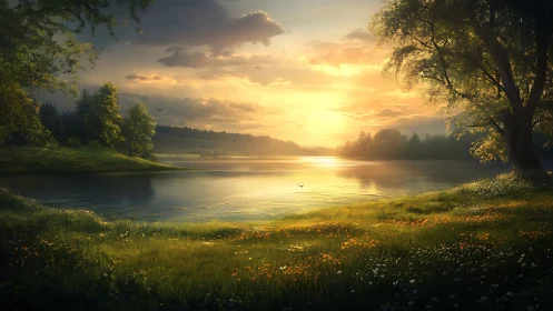 Sunset drapes the lakeside meadow in painterly liquid gold