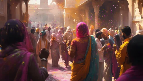 Vibrant Holi Festival Celebration in India, Colorful Street Style.