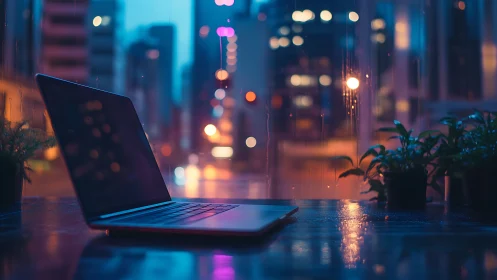Rainlit laptop waits by neon city window, quietly humming.