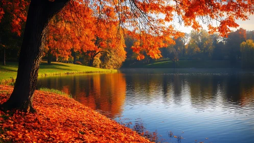 Fiery autumn foliage over tranquil reflective lakeside.