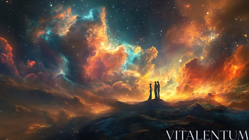 Cosmic shoreline tableau with silhouetted figures in nebular glow.
