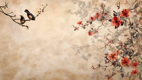 Songbirds on branch with red blossoms in vintage wash.